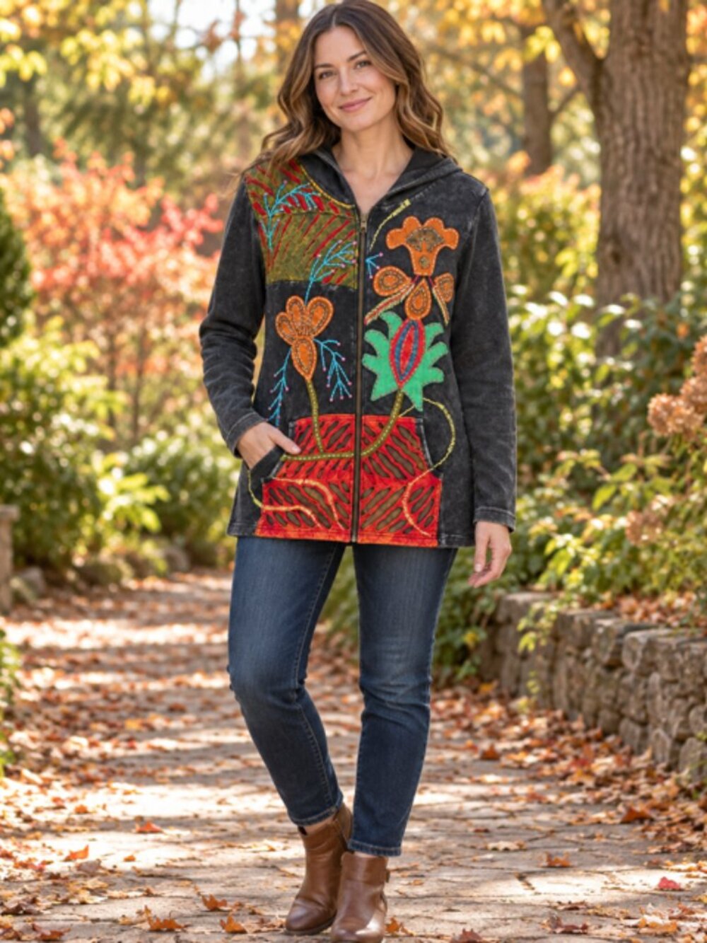 The Collection Royal Appliqué Artsy Boho Hoodie Jacket L